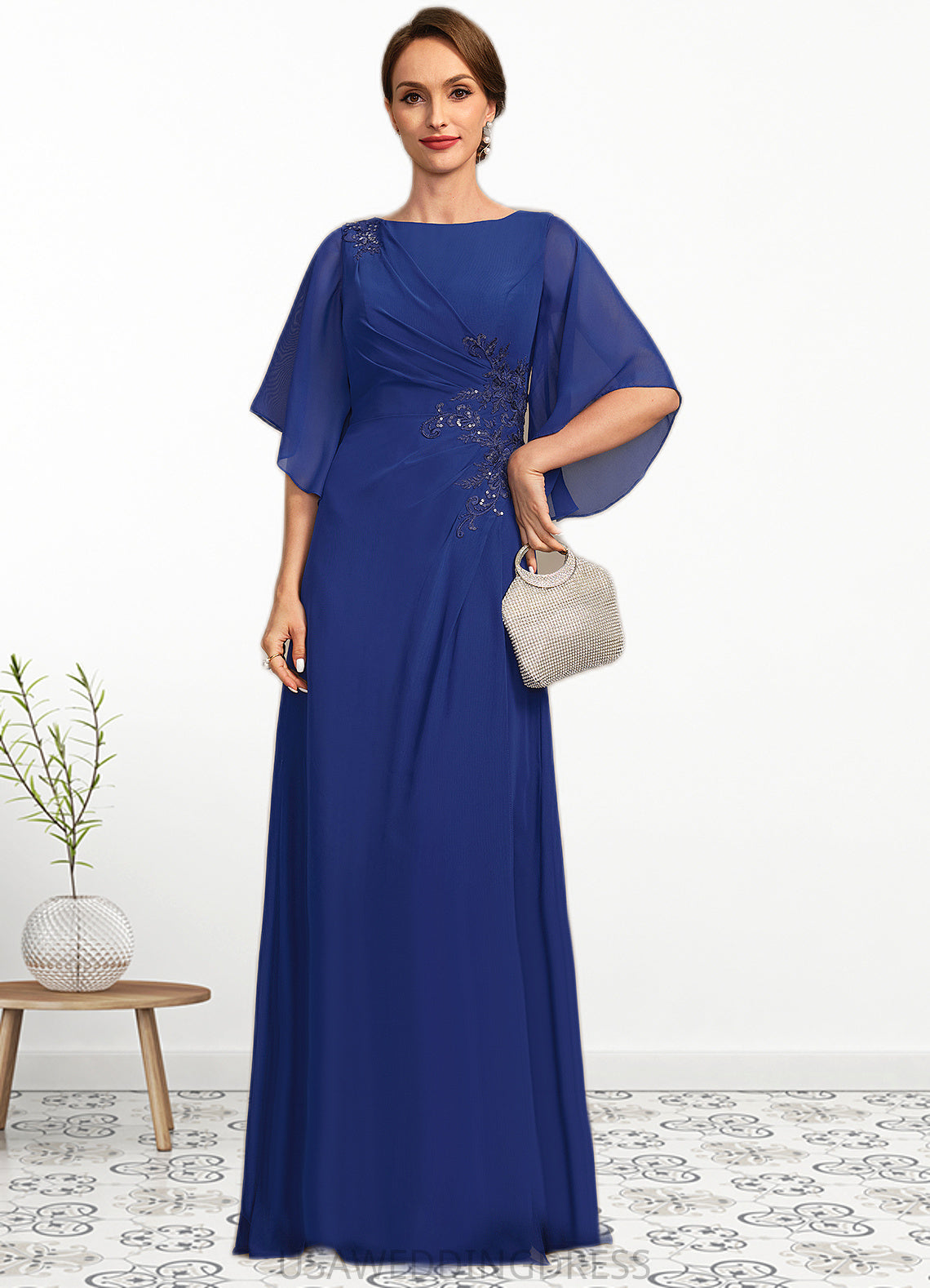Belinda A-line Scoop Floor-Length Chiffon Mother of the Bride Dress With Pleated Appliques Lace Sequins DS126P0021831