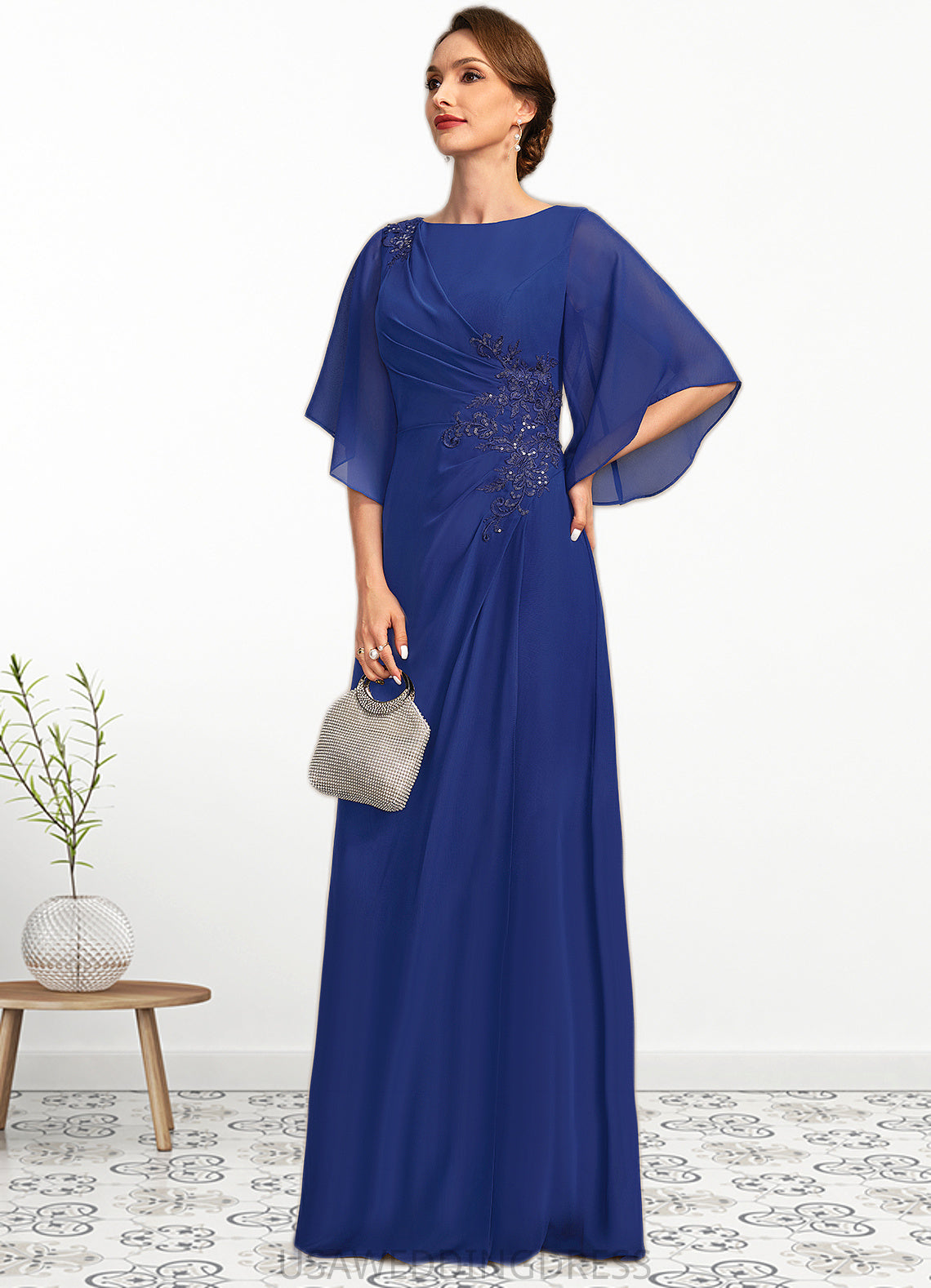 Belinda A-line Scoop Floor-Length Chiffon Mother of the Bride Dress With Pleated Appliques Lace Sequins DS126P0021831