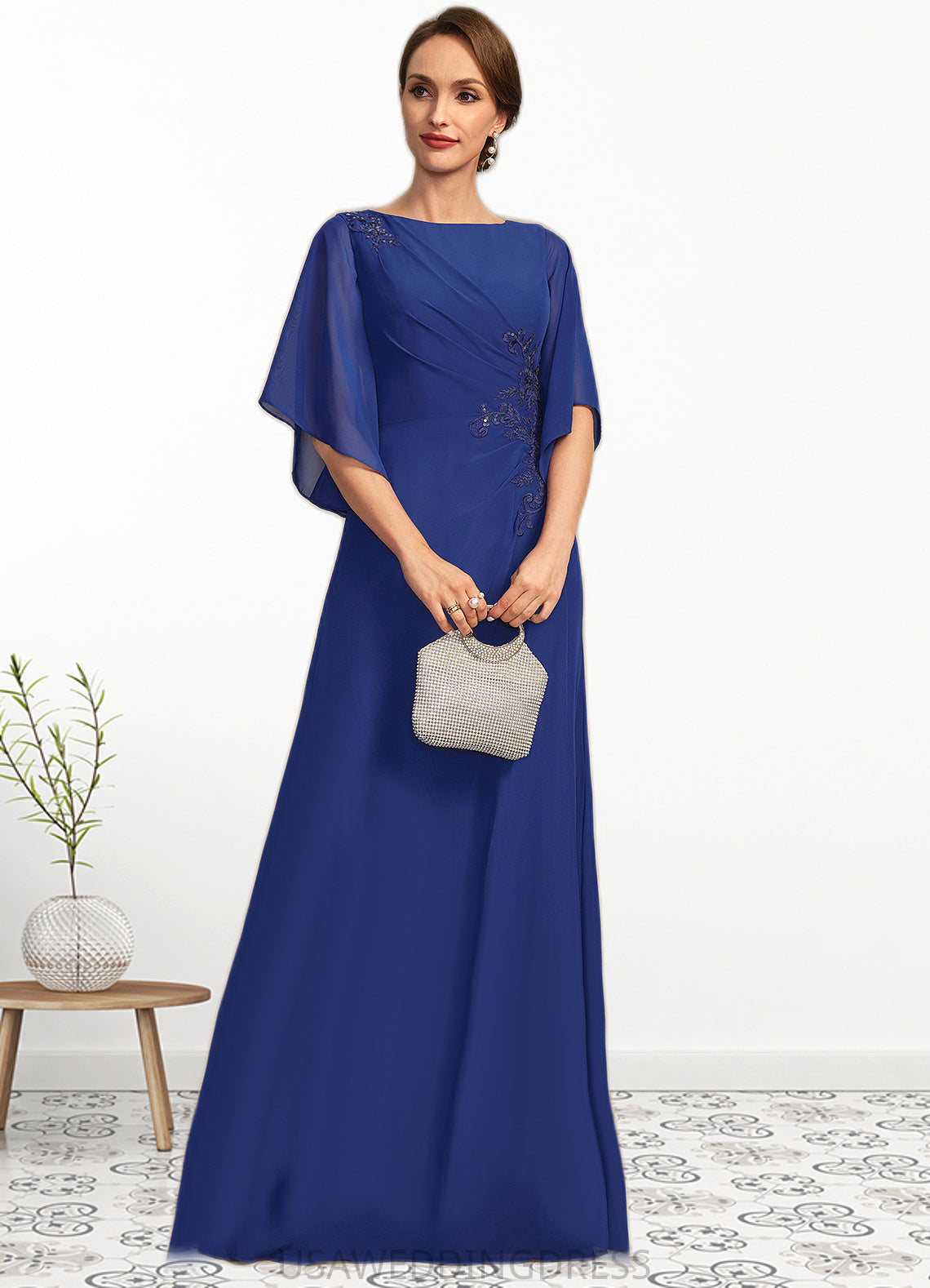 Belinda A-line Scoop Floor-Length Chiffon Mother of the Bride Dress With Pleated Appliques Lace Sequins DS126P0021831