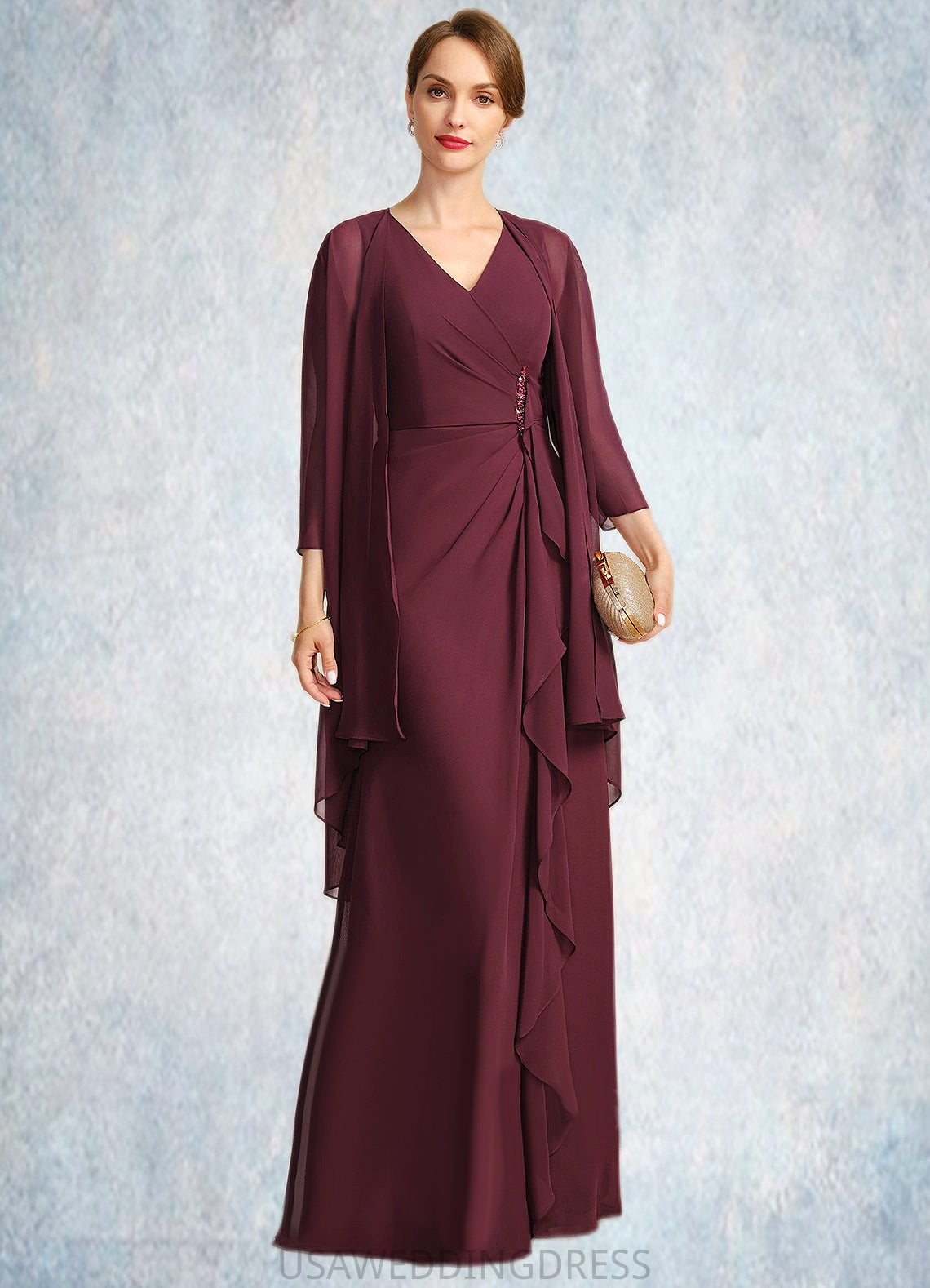 Layla Sheath/Column V-Neck Floor-Length Chiffon Mother of the Bride Dress With Beading Cascading Ruffles DS126P0021835