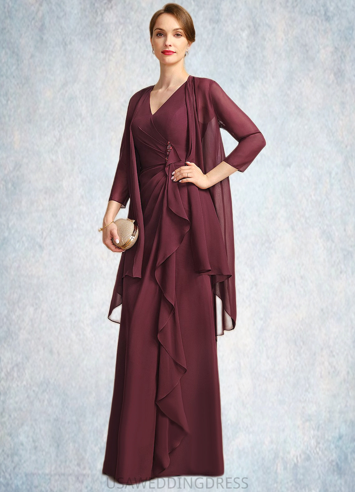 Layla Sheath/Column V-Neck Floor-Length Chiffon Mother of the Bride Dress With Beading Cascading Ruffles DS126P0021835