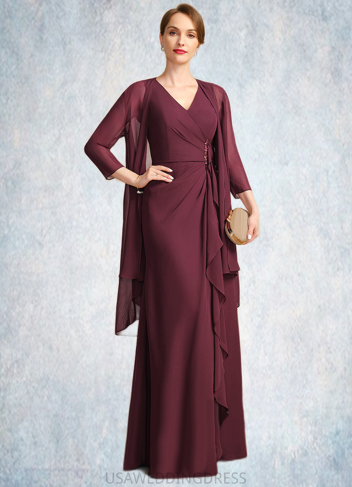 Layla Sheath/Column V-Neck Floor-Length Chiffon Mother of the Bride Dress With Beading Cascading Ruffles DS126P0021835