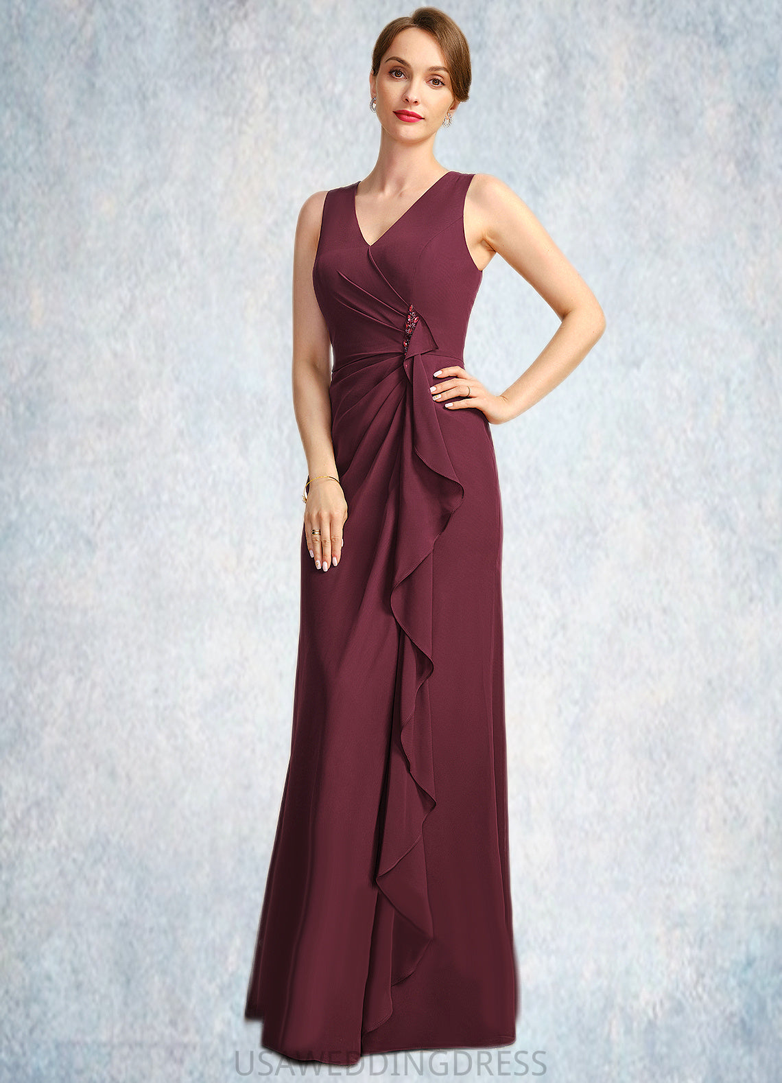 Layla Sheath/Column V-Neck Floor-Length Chiffon Mother of the Bride Dress With Beading Cascading Ruffles DS126P0021835