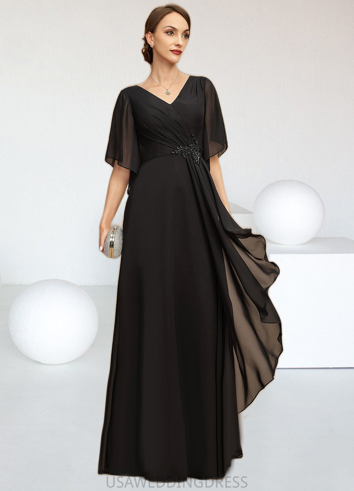 Stella A-line V-Neck Floor-Length Chiffon Mother of the Bride Dress With Beading Cascading Ruffles Sequins DS126P0021836