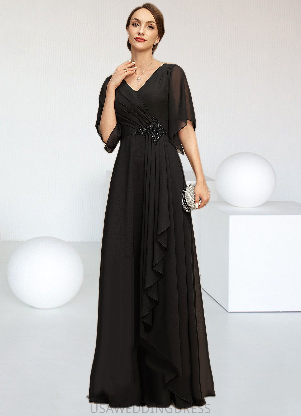Stella A-line V-Neck Floor-Length Chiffon Mother of the Bride Dress With Beading Cascading Ruffles Sequins DS126P0021836