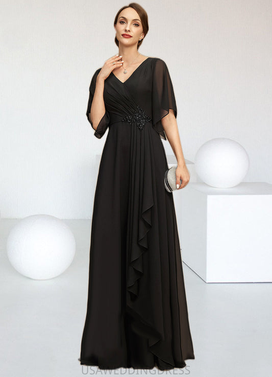 Stella A-line V-Neck Floor-Length Chiffon Mother of the Bride Dress With Beading Cascading Ruffles Sequins DS126P0021836