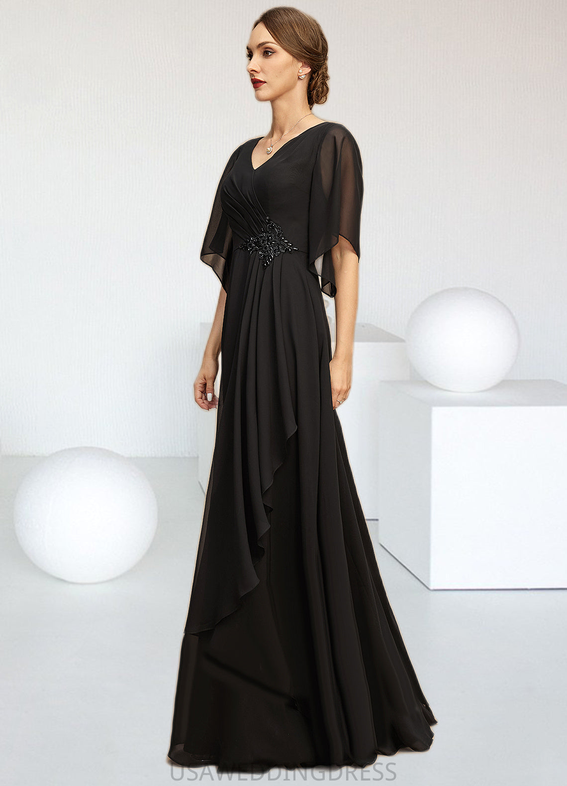 Stella A-line V-Neck Floor-Length Chiffon Mother of the Bride Dress With Beading Cascading Ruffles Sequins DS126P0021836
