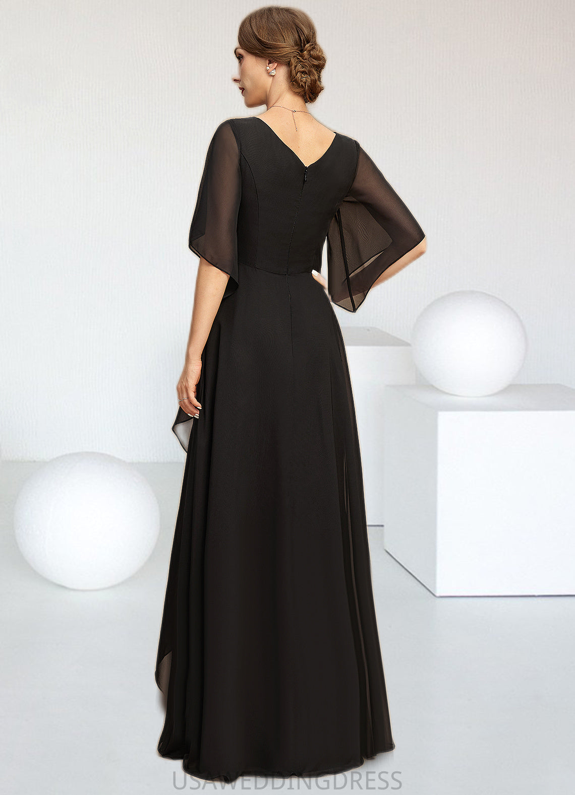 Stella A-line V-Neck Floor-Length Chiffon Mother of the Bride Dress With Beading Cascading Ruffles Sequins DS126P0021836