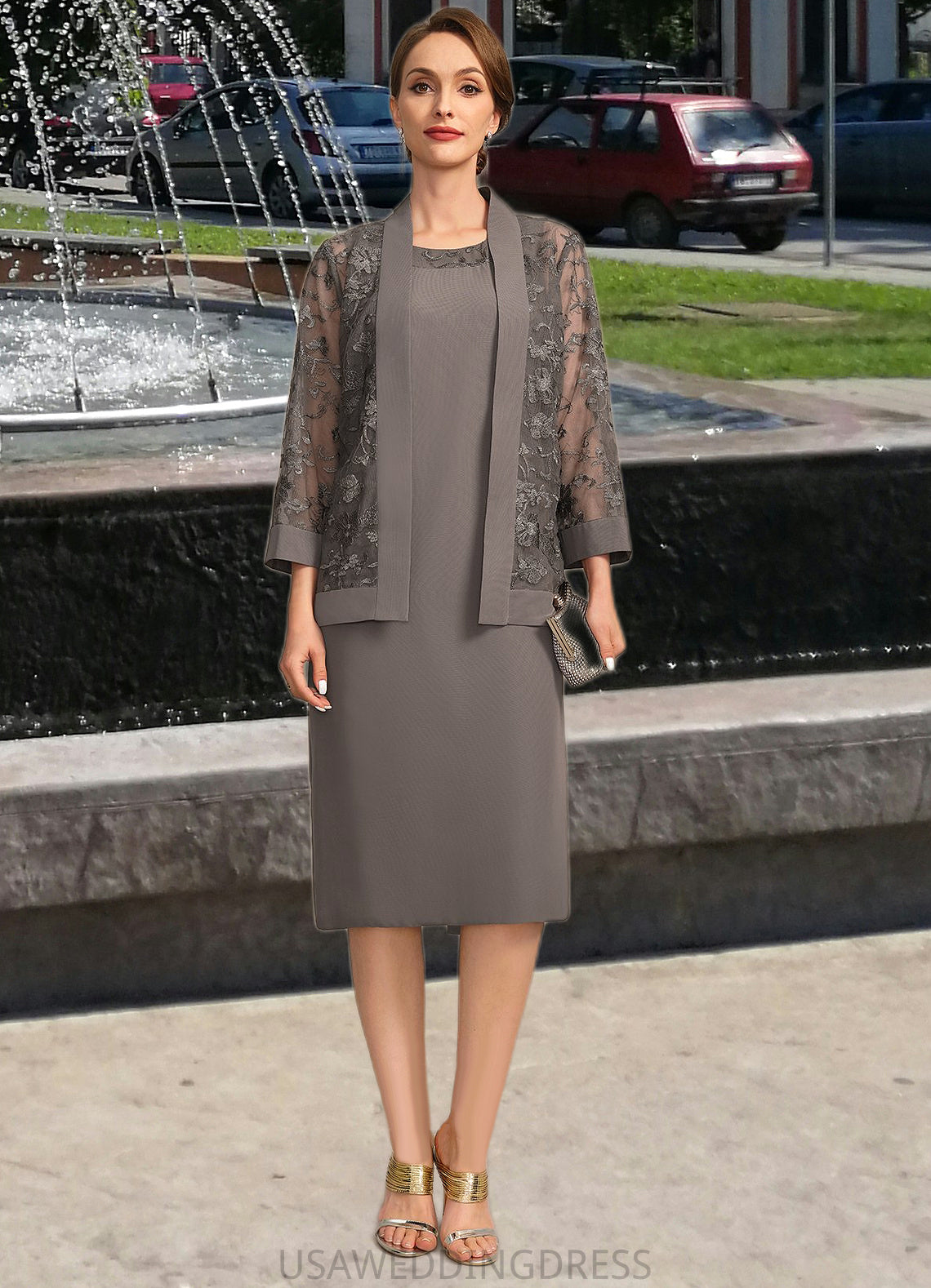 Emmy Sheath/Column Scoop Knee-Length Chiffon Mother of the Bride Dress With Appliques Lace DS126P0021842