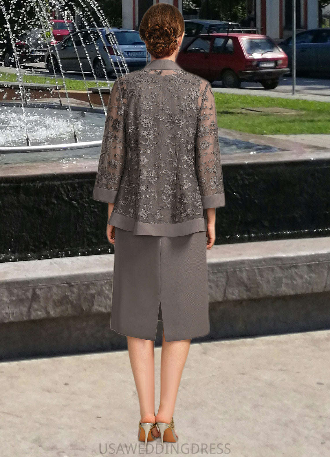 Emmy Sheath/Column Scoop Knee-Length Chiffon Mother of the Bride Dress With Appliques Lace DS126P0021842