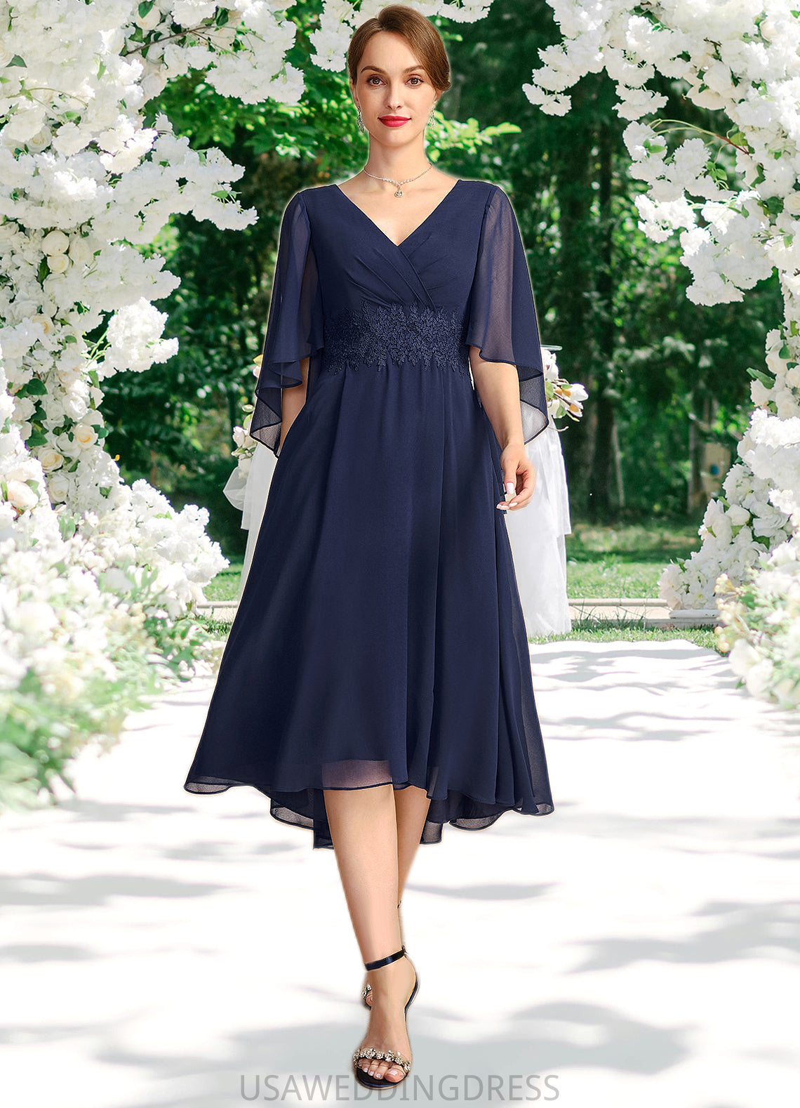 Kathryn A-line V-Neck Asymmetrical Chiffon Mother of the Bride Dress With Pleated Appliques Lace DS126P0021845