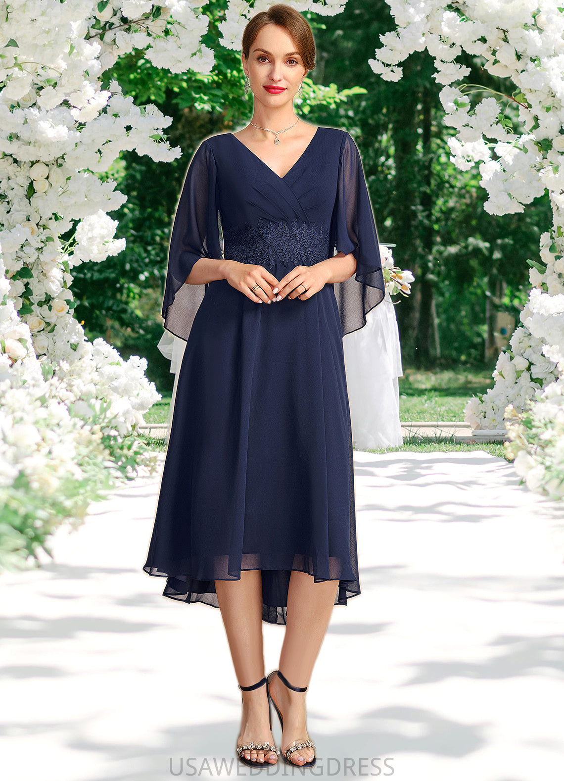 Kathryn A-line V-Neck Asymmetrical Chiffon Mother of the Bride Dress With Pleated Appliques Lace DS126P0021845