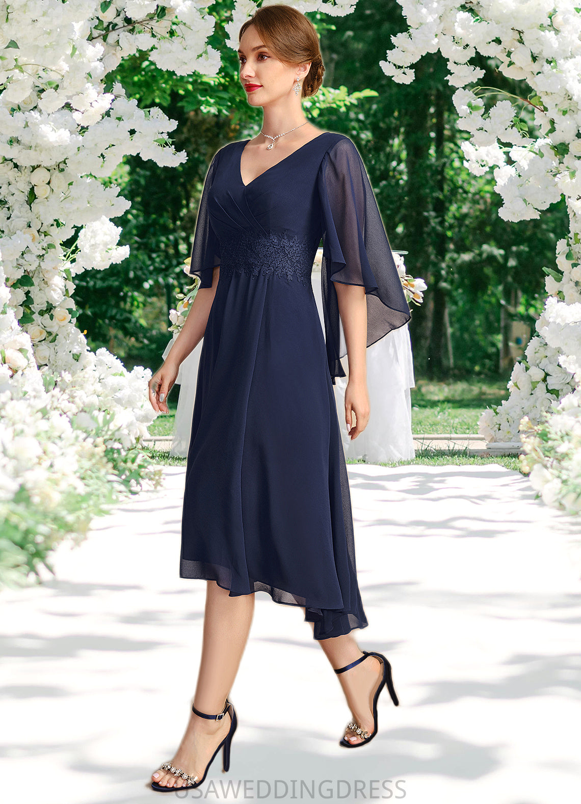 Kathryn A-line V-Neck Asymmetrical Chiffon Mother of the Bride Dress With Pleated Appliques Lace DS126P0021845