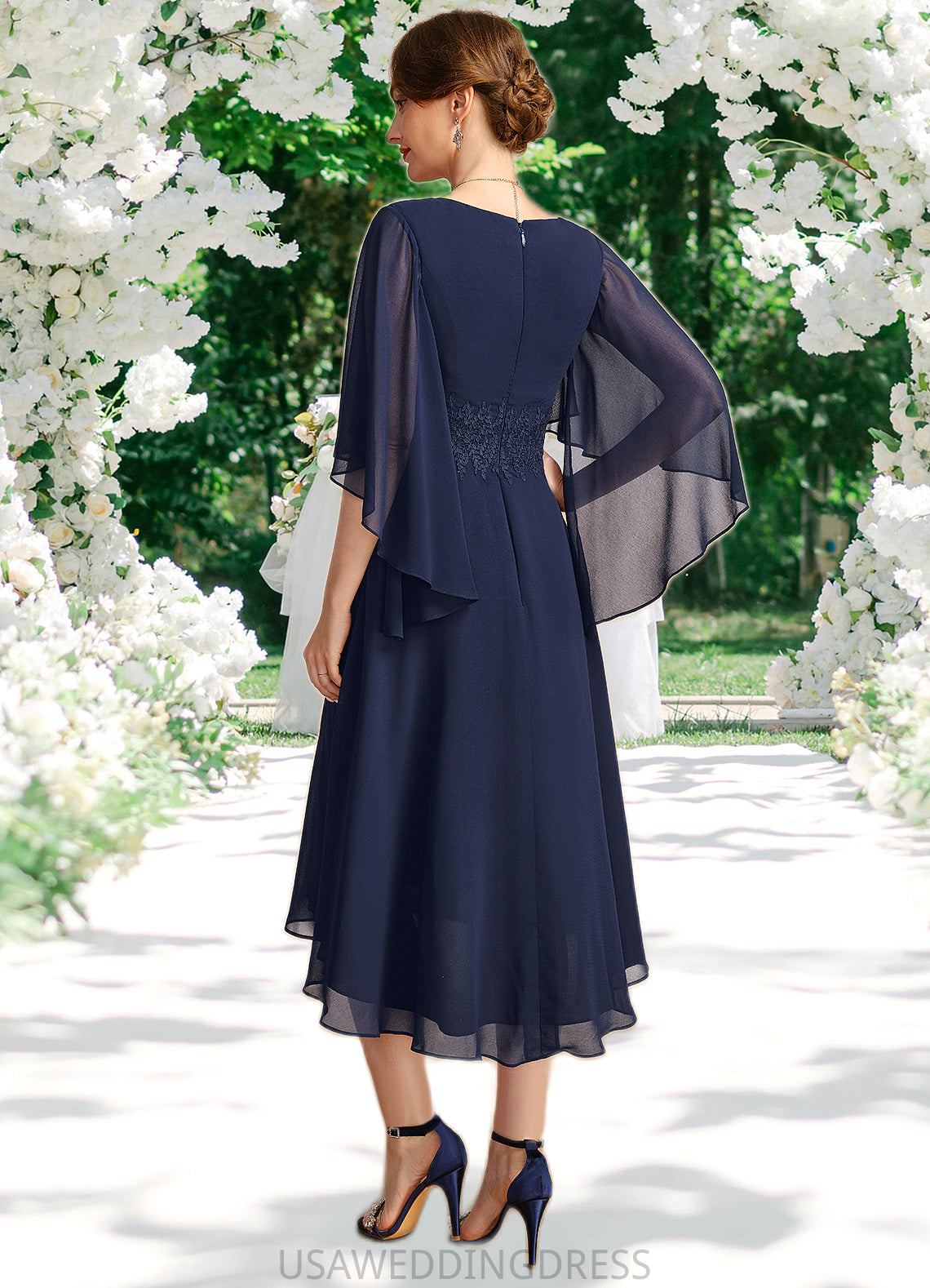 Kathryn A-line V-Neck Asymmetrical Chiffon Mother of the Bride Dress With Pleated Appliques Lace DS126P0021845