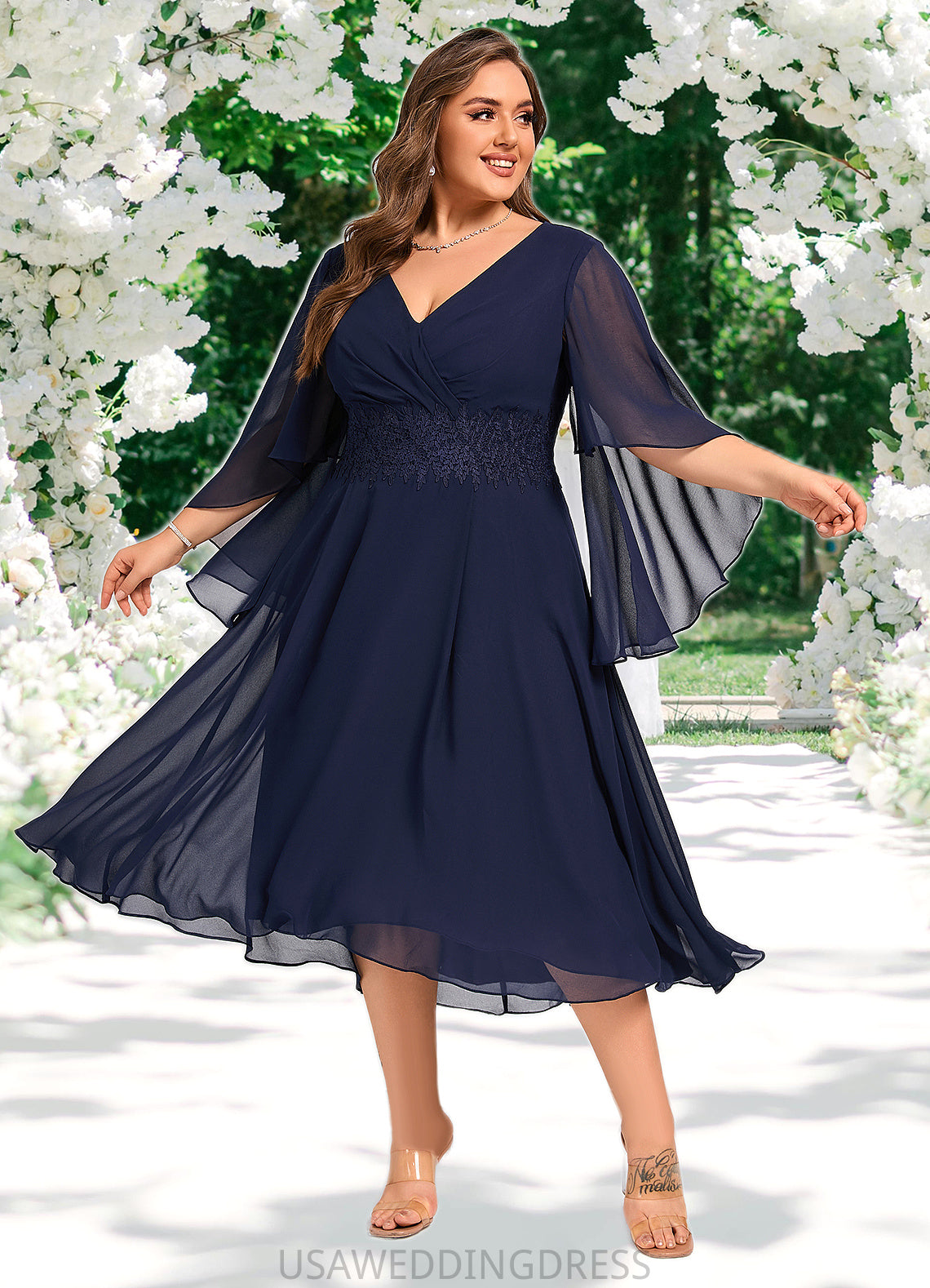 Kathryn A-line V-Neck Asymmetrical Chiffon Mother of the Bride Dress With Pleated Appliques Lace DS126P0021845