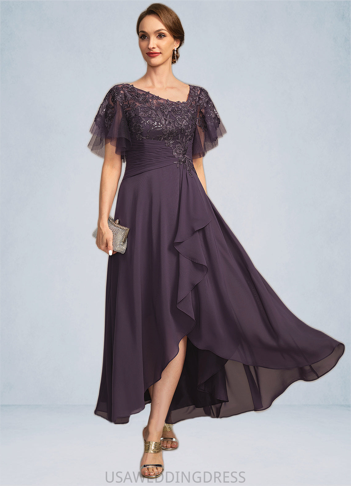Hadley A-line Asymmetrical Asymmetrical Chiffon Lace Mother of the Bride Dress With Cascading Ruffles Sequins DS126P0021846