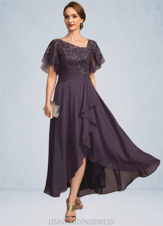 Hadley A-line Asymmetrical Asymmetrical Chiffon Lace Mother of the Bride Dress With Cascading Ruffles Sequins DS126P0021846