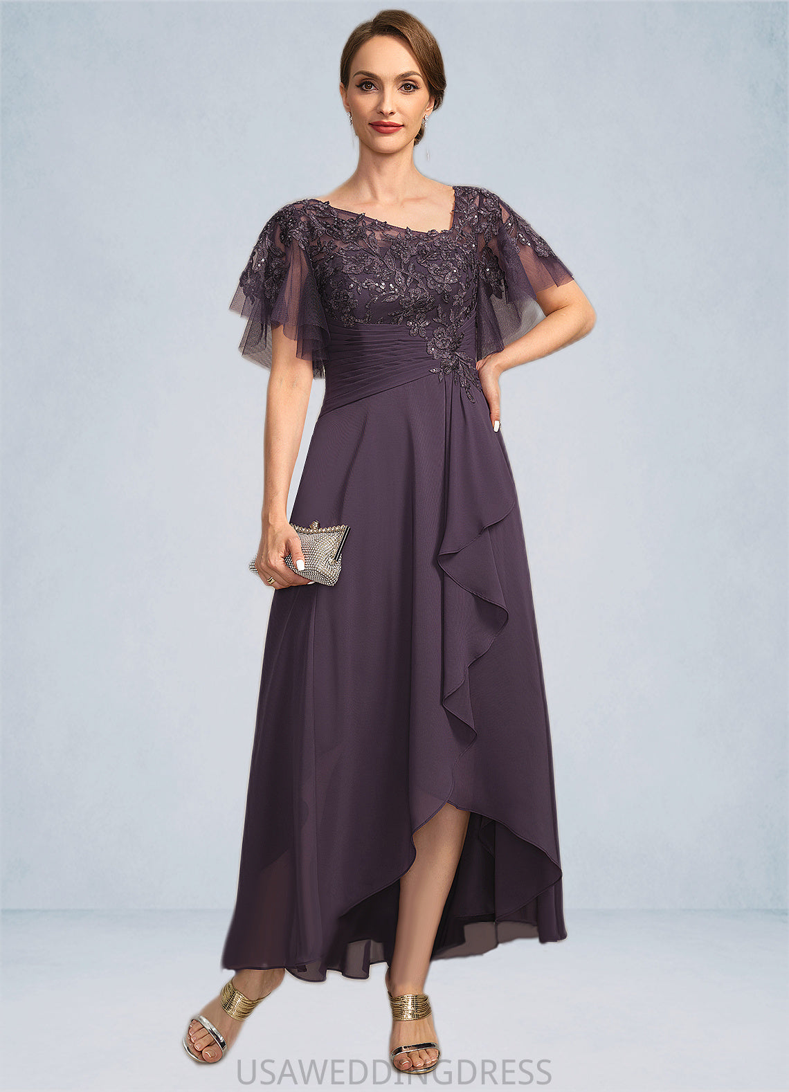 Hadley A-line Asymmetrical Asymmetrical Chiffon Lace Mother of the Bride Dress With Cascading Ruffles Sequins DS126P0021846
