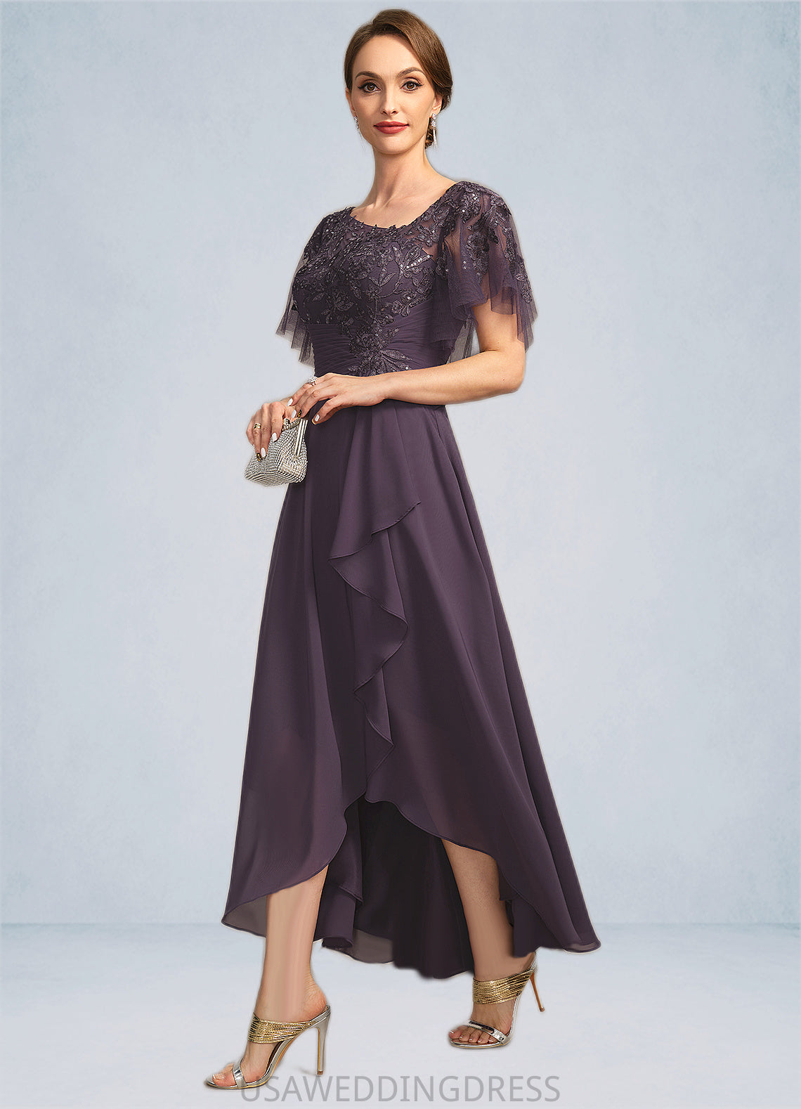Hadley A-line Asymmetrical Asymmetrical Chiffon Lace Mother of the Bride Dress With Cascading Ruffles Sequins DS126P0021846