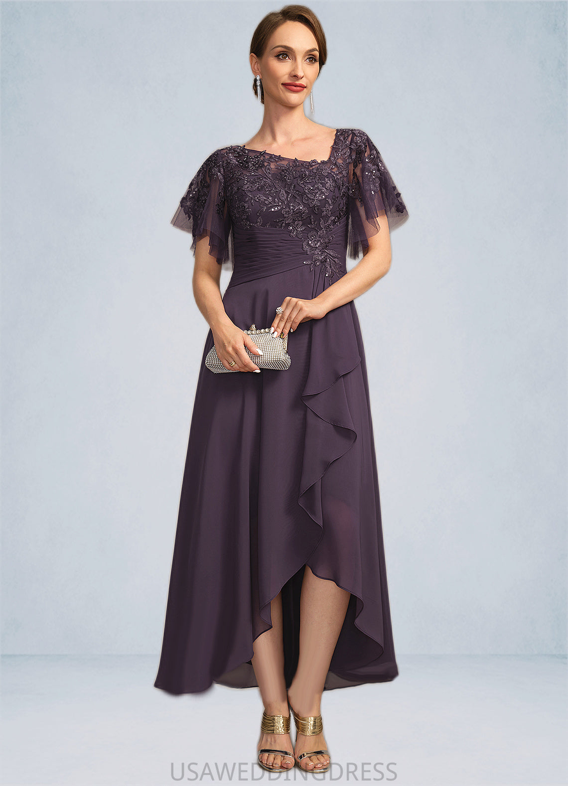 Hadley A-line Asymmetrical Asymmetrical Chiffon Lace Mother of the Bride Dress With Cascading Ruffles Sequins DS126P0021846