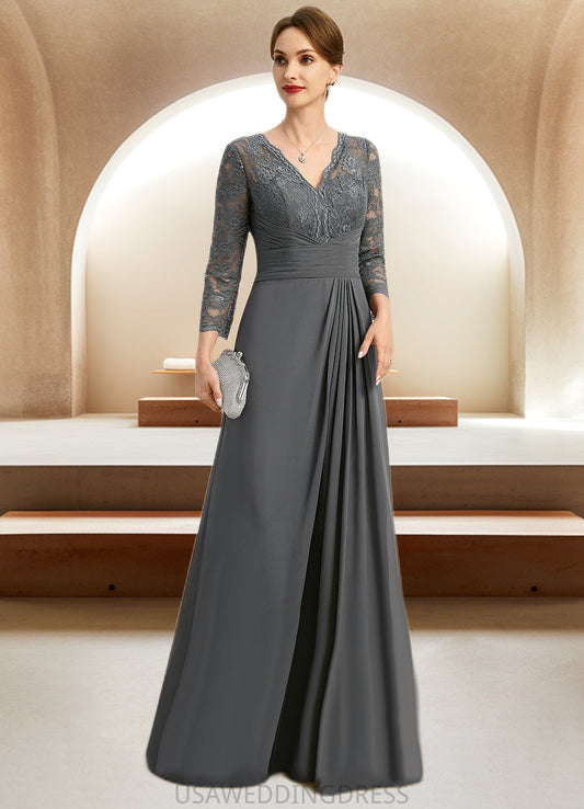 Mina A-line V-Neck Floor-Length Chiffon Lace Mother of the Bride Dress With Pleated DS126P0021850