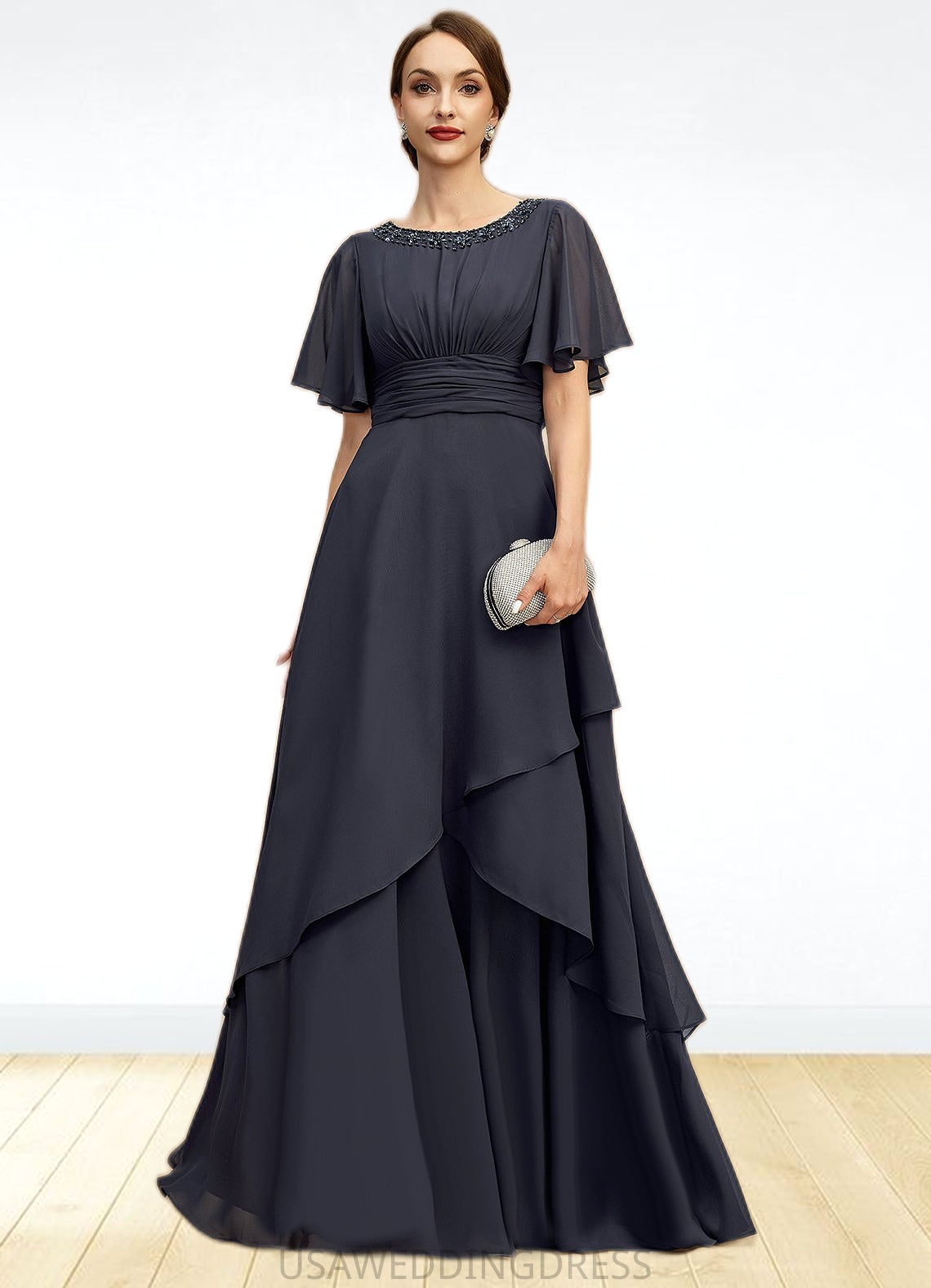Cornelia A-line Scoop Floor-Length Chiffon Mother of the Bride Dress With Beading Pleated Sequins DS126P0021856