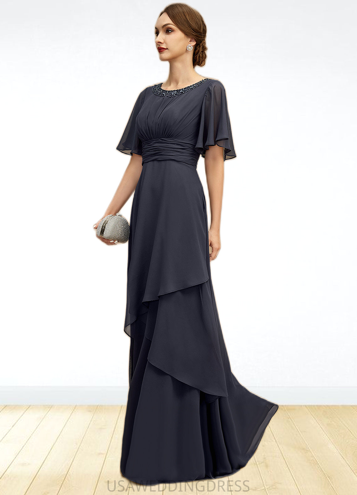Cornelia A-line Scoop Floor-Length Chiffon Mother of the Bride Dress With Beading Pleated Sequins DS126P0021856