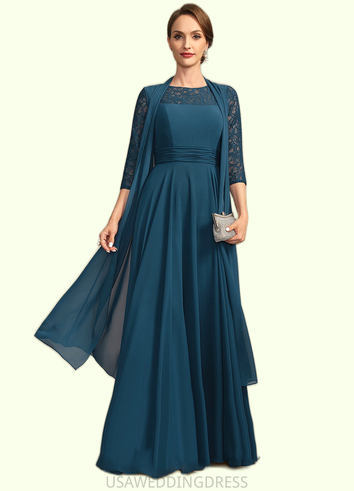 Esme A-line Scoop Illusion Floor-Length Chiffon Lace Mother of the Bride Dress With Pleated DS126P0021866