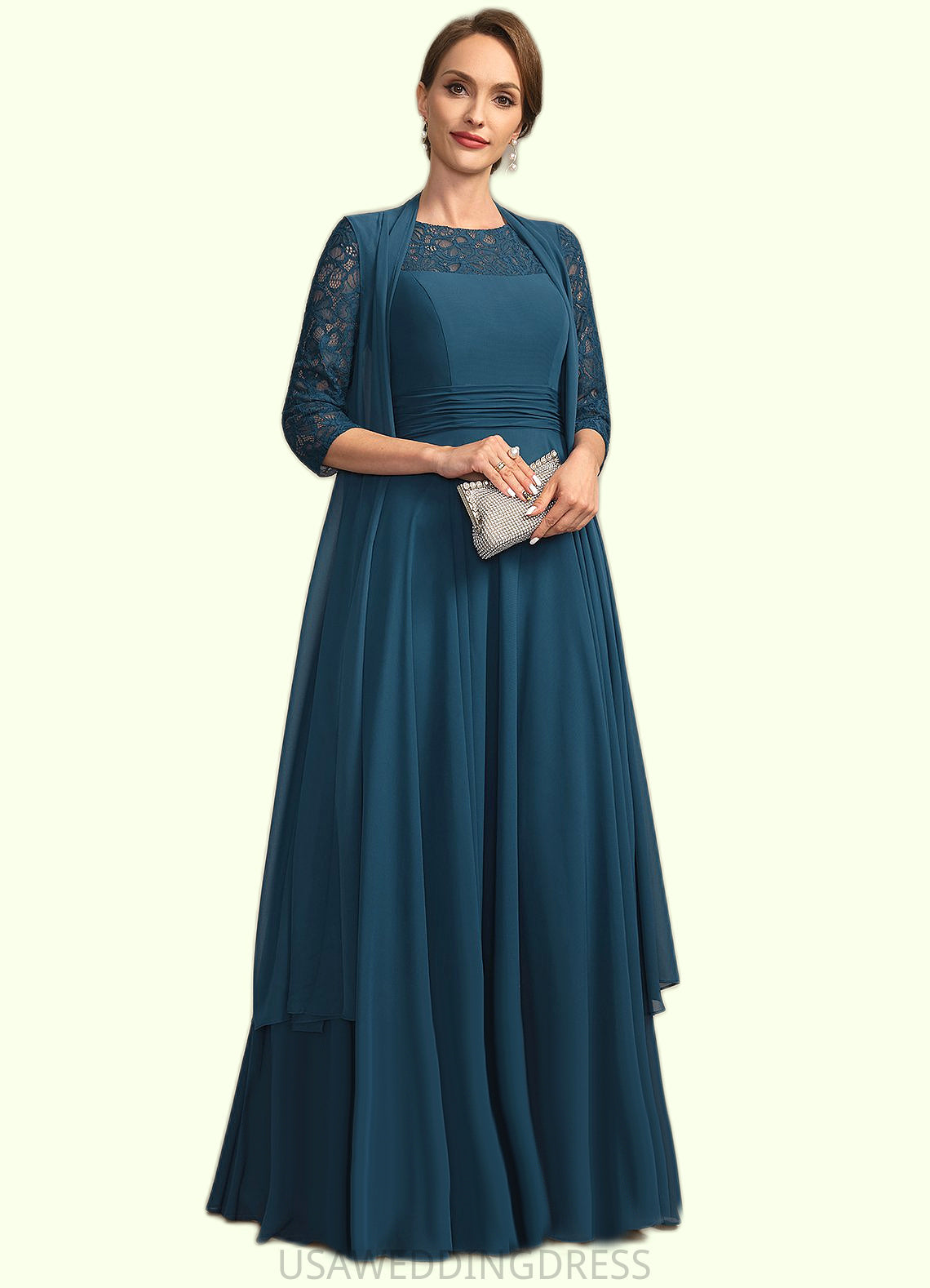 Esme A-line Scoop Illusion Floor-Length Chiffon Lace Mother of the Bride Dress With Pleated DS126P0021866