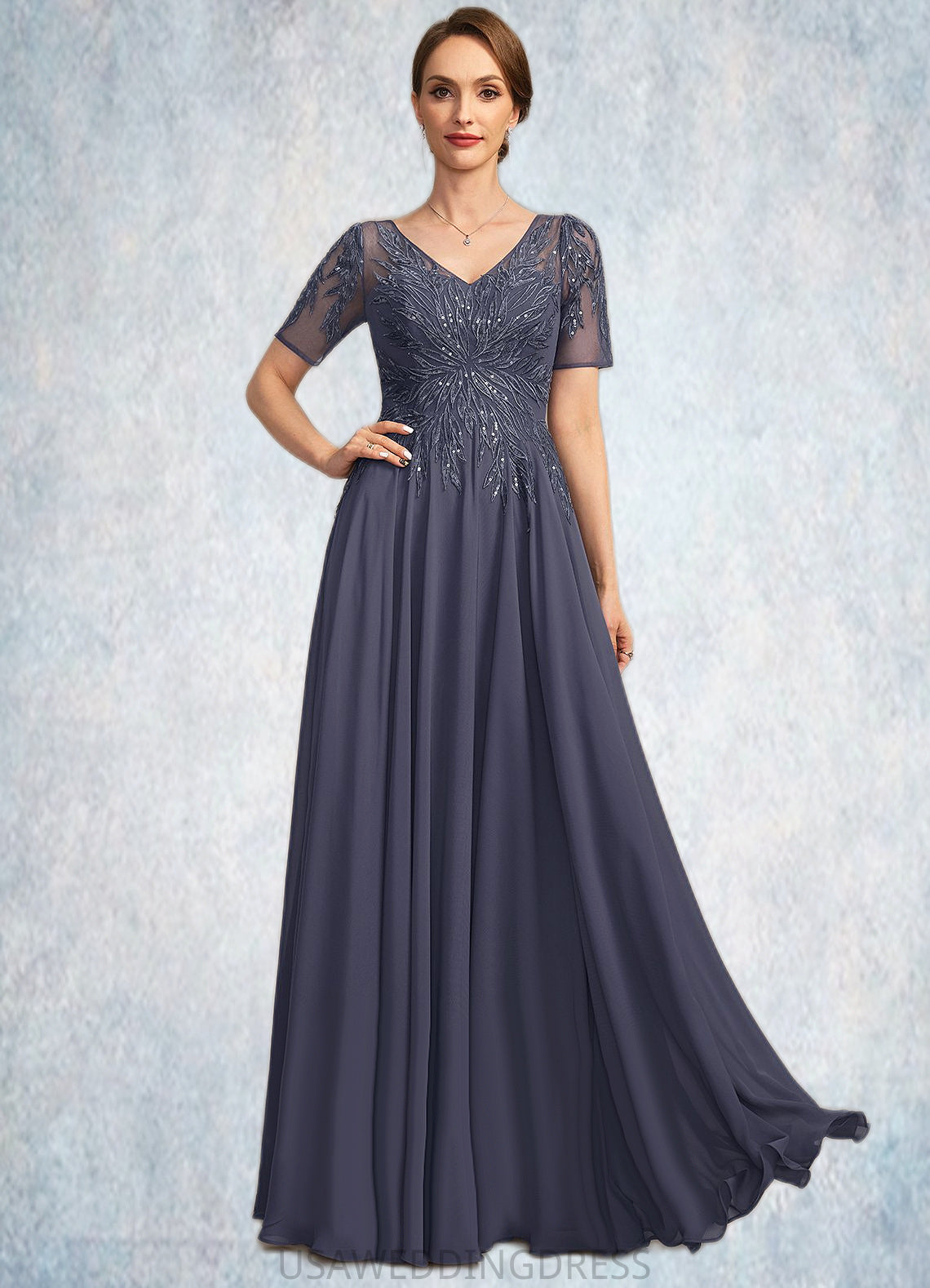 Raina A-line V-Neck Illusion Floor-Length Chiffon Lace Mother of the Bride Dress With Sequins DS126P0021867