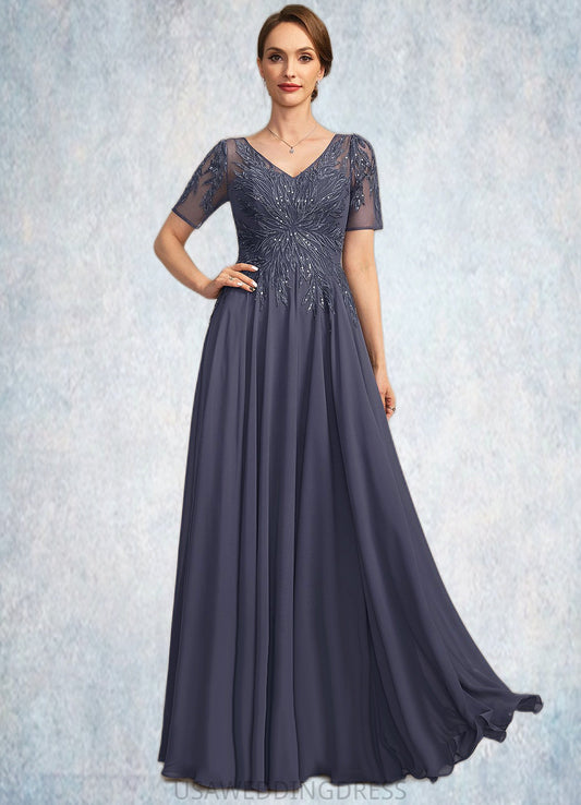 Raina A-line V-Neck Illusion Floor-Length Chiffon Lace Mother of the Bride Dress With Sequins DS126P0021867