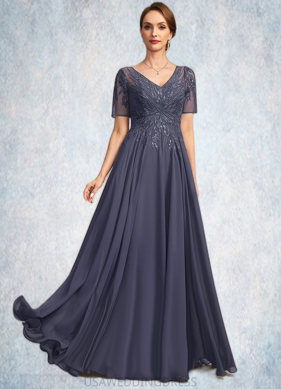 Raina A-line V-Neck Illusion Floor-Length Chiffon Lace Mother of the Bride Dress With Sequins DS126P0021867