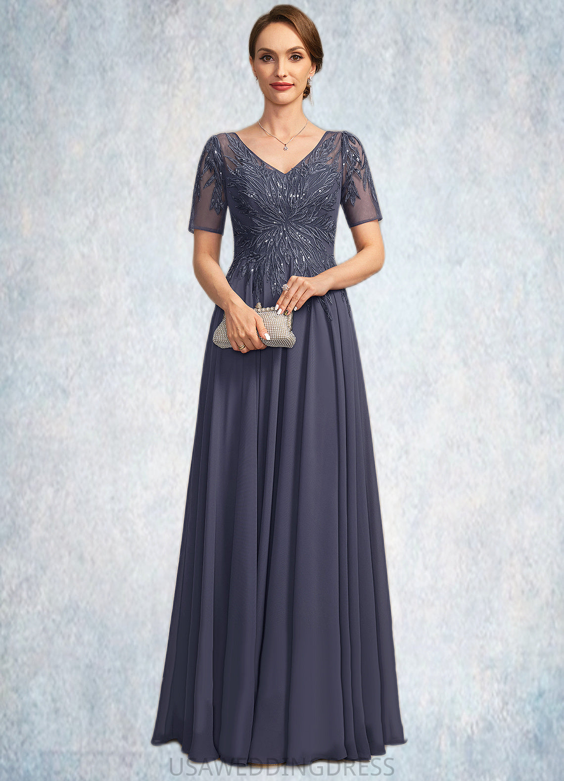 Raina A-line V-Neck Illusion Floor-Length Chiffon Lace Mother of the Bride Dress With Sequins DS126P0021867