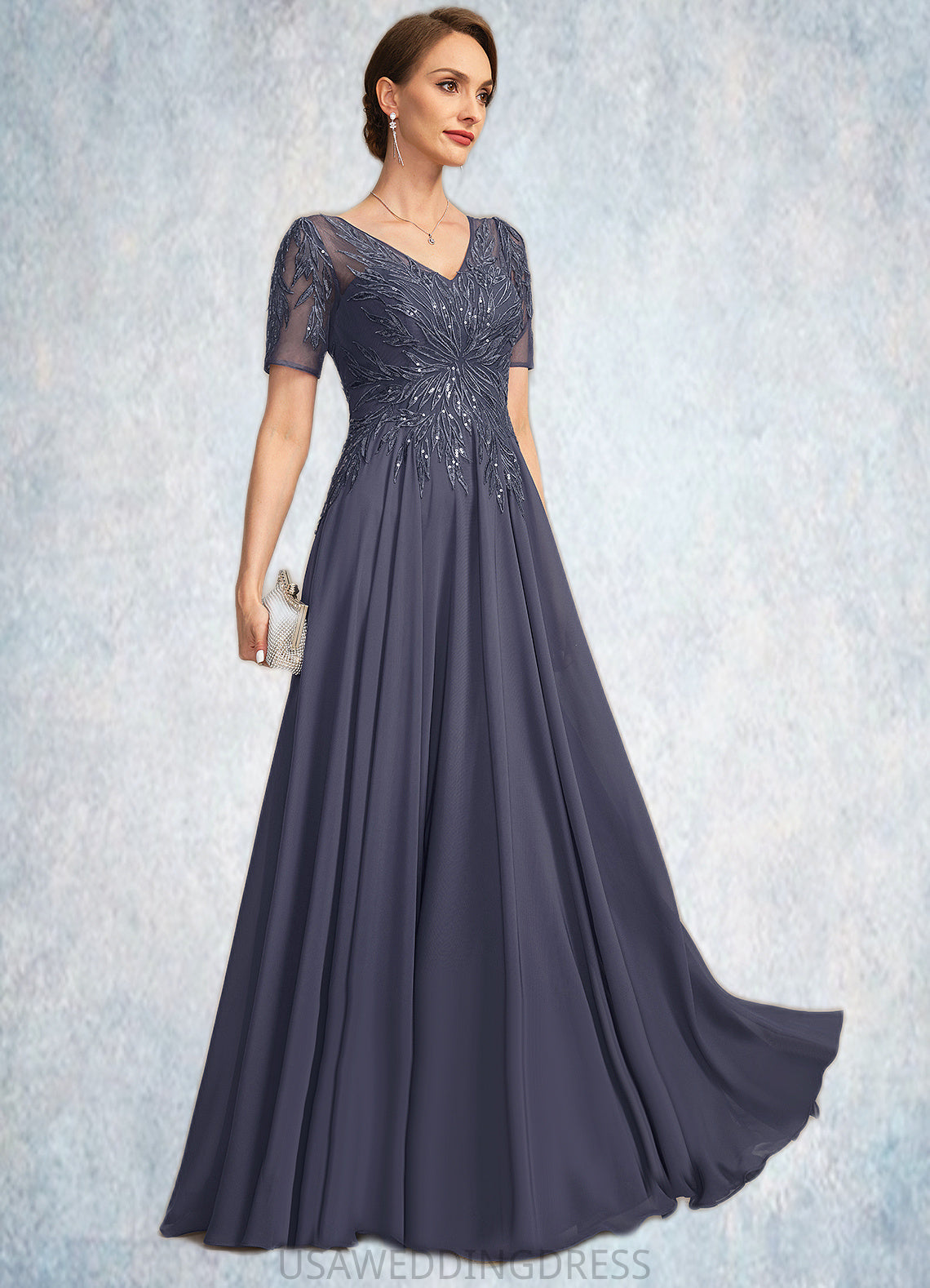 Raina A-line V-Neck Illusion Floor-Length Chiffon Lace Mother of the Bride Dress With Sequins DS126P0021867