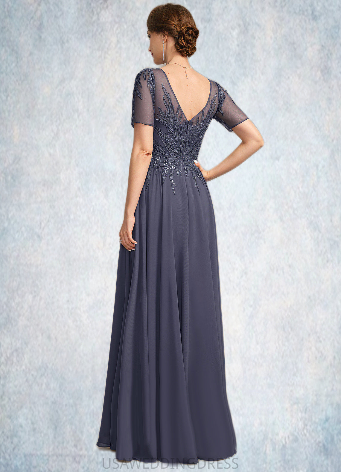 Raina A-line V-Neck Illusion Floor-Length Chiffon Lace Mother of the Bride Dress With Sequins DS126P0021867