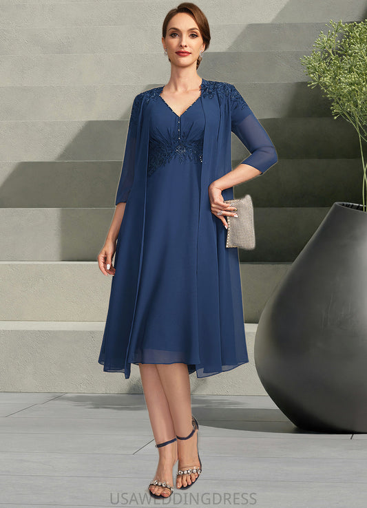 Aurora A-line V-Neck Knee-Length Chiffon Lace Mother of the Bride Dress With Beading Pleated Sequins DS126P0021874