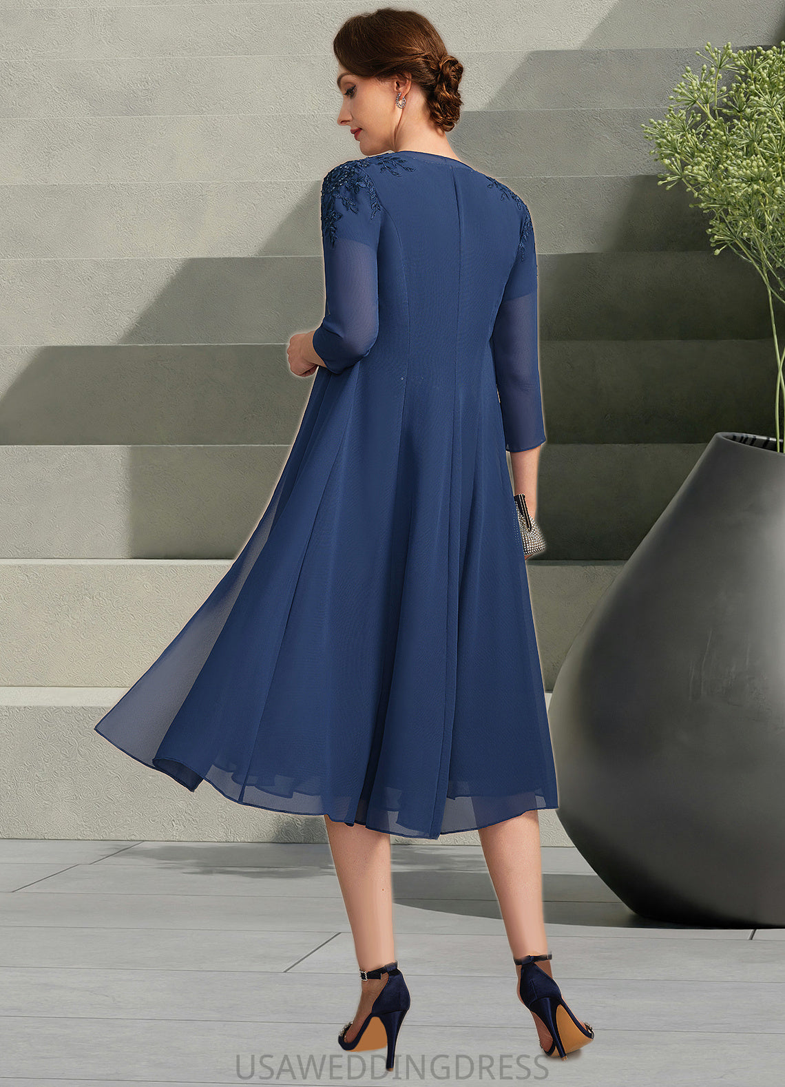 Aurora A-line V-Neck Knee-Length Chiffon Lace Mother of the Bride Dress With Beading Pleated Sequins DS126P0021874