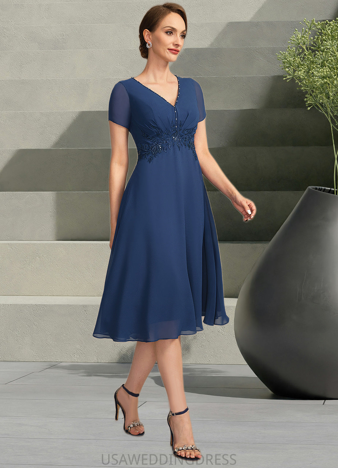 Aurora A-line V-Neck Knee-Length Chiffon Lace Mother of the Bride Dress With Beading Pleated Sequins DS126P0021874