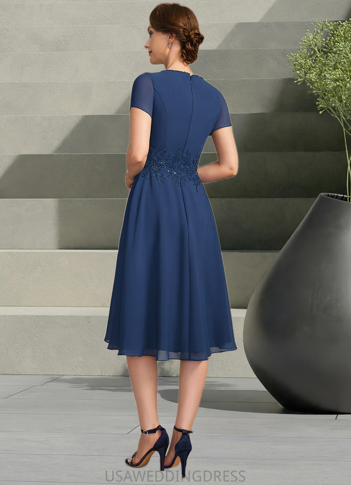 Aurora A-line V-Neck Knee-Length Chiffon Lace Mother of the Bride Dress With Beading Pleated Sequins DS126P0021874