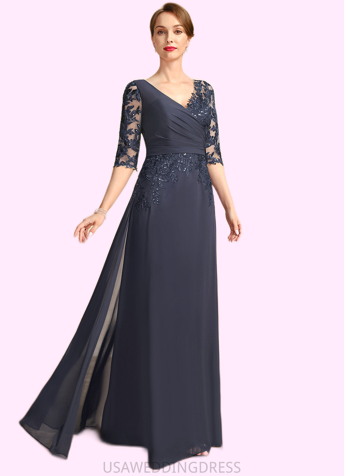 Delilah A-line V-Neck Floor-Length Chiffon Lace Mother of the Bride Dress With Pleated Sequins DS126P0021880