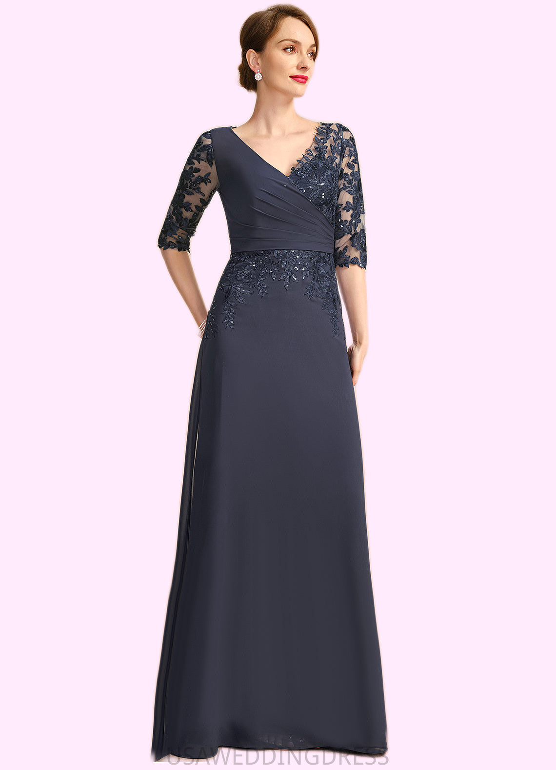 Delilah A-line V-Neck Floor-Length Chiffon Lace Mother of the Bride Dress With Pleated Sequins DS126P0021880