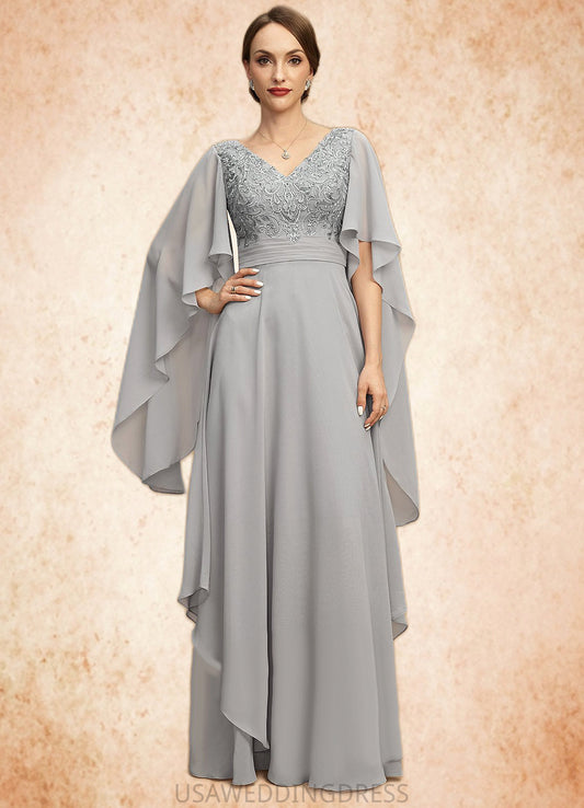 Kennedi A-line V-Neck Floor-Length Chiffon Lace Mother of the Bride Dress With Cascading Ruffles Sequins DS126P0021883