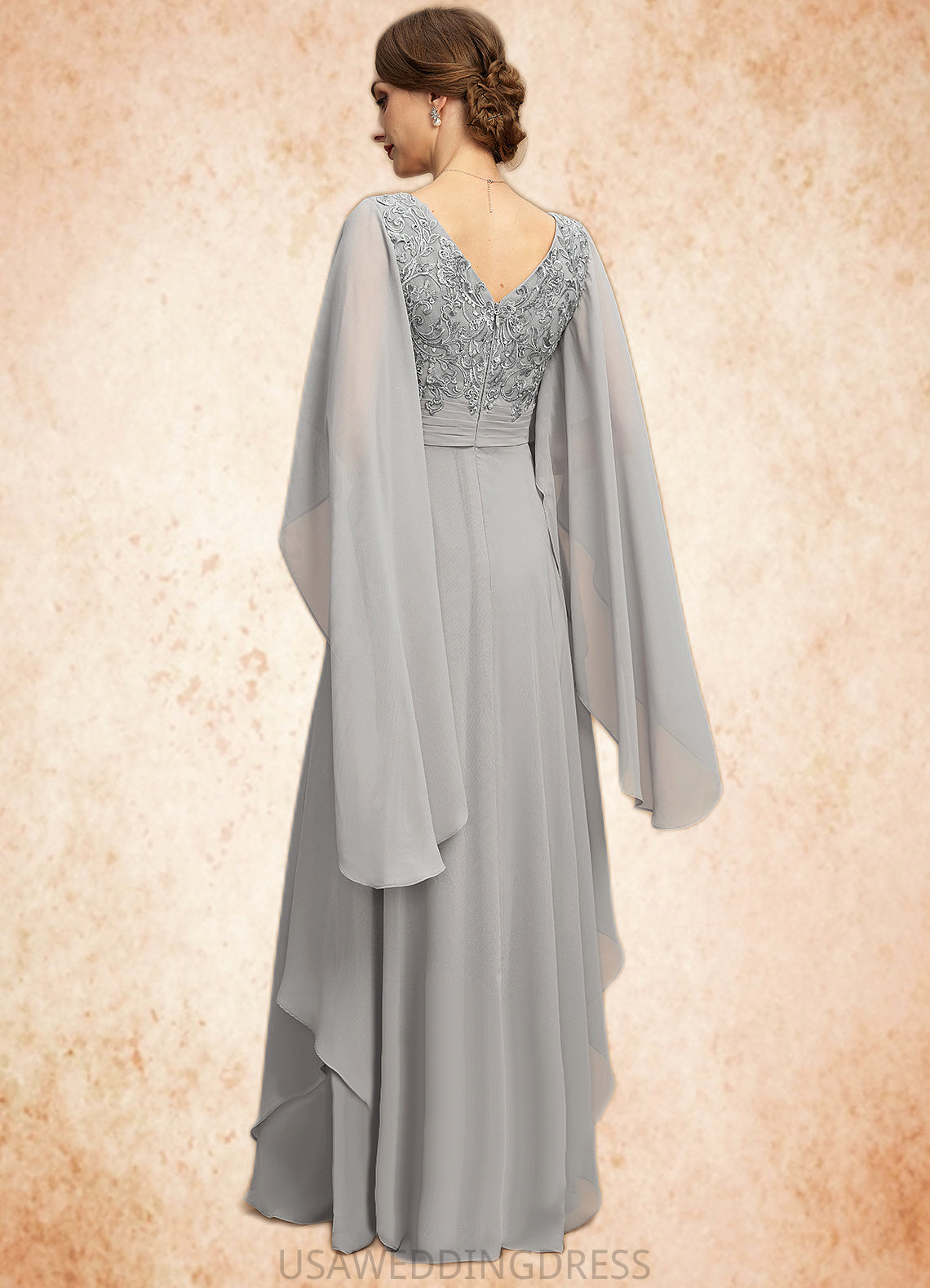Kennedi A-line V-Neck Floor-Length Chiffon Lace Mother of the Bride Dress With Cascading Ruffles Sequins DS126P0021883