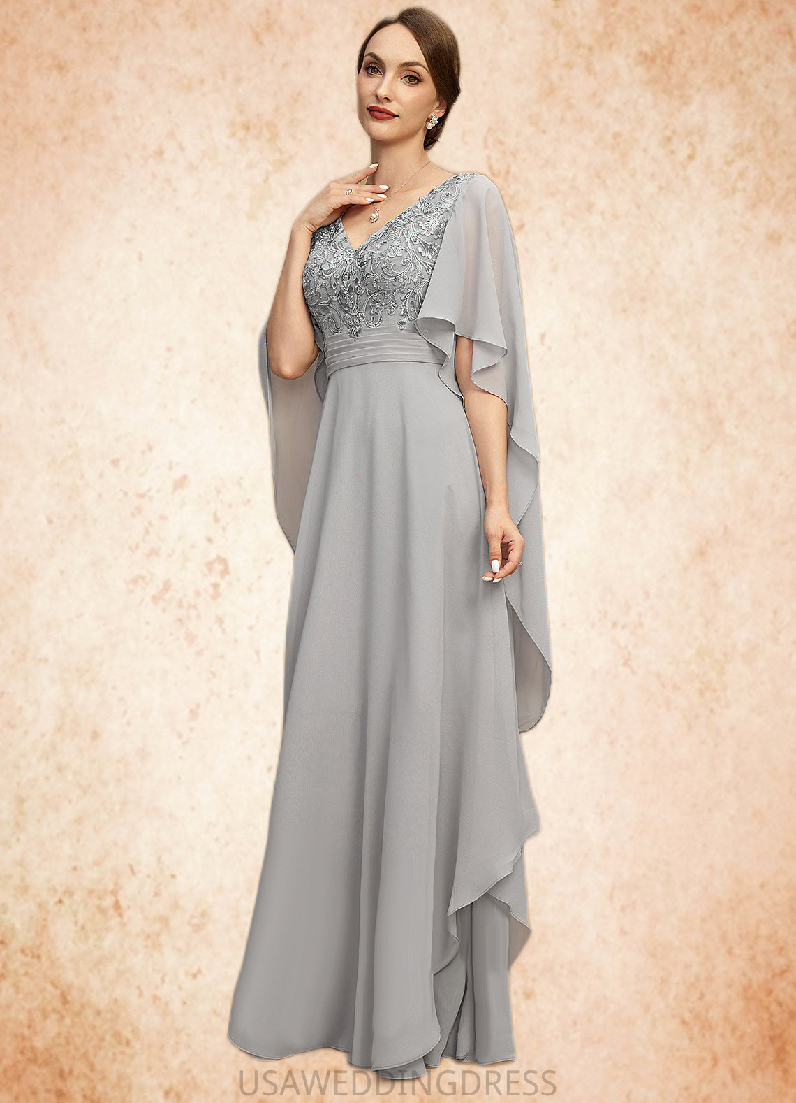 Kennedi A-line V-Neck Floor-Length Chiffon Lace Mother of the Bride Dress With Cascading Ruffles Sequins DS126P0021883