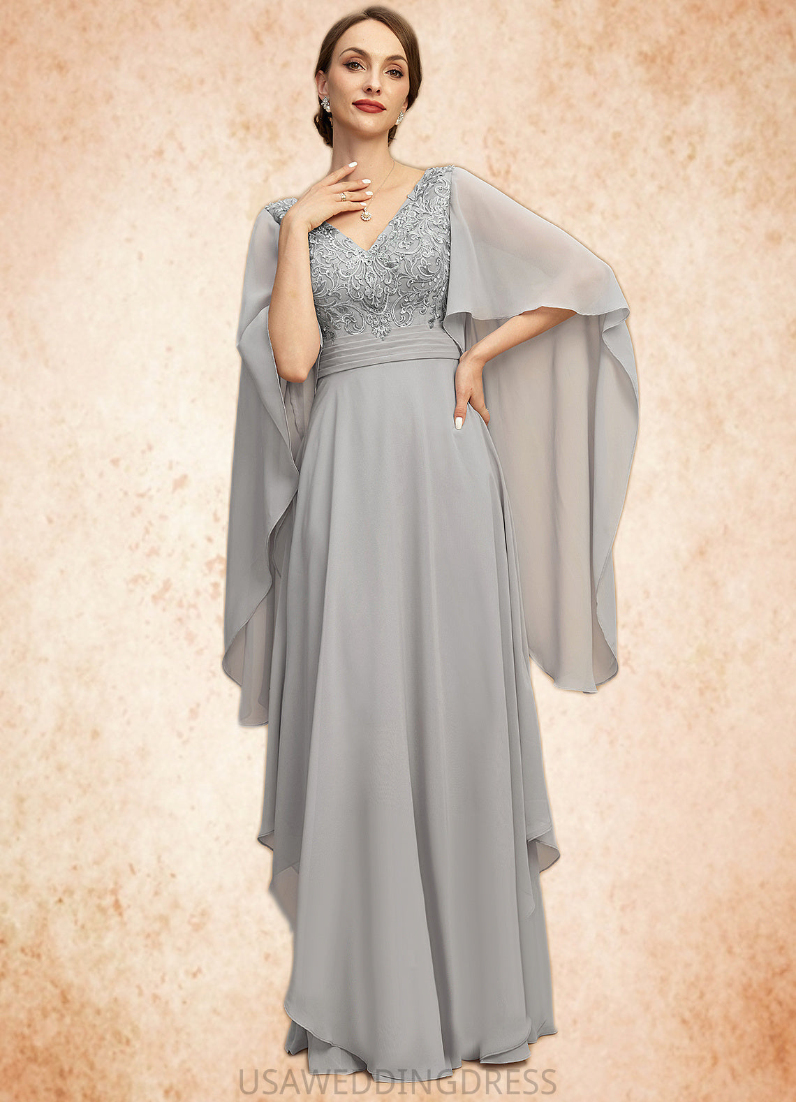 Kennedi A-line V-Neck Floor-Length Chiffon Lace Mother of the Bride Dress With Cascading Ruffles Sequins DS126P0021883