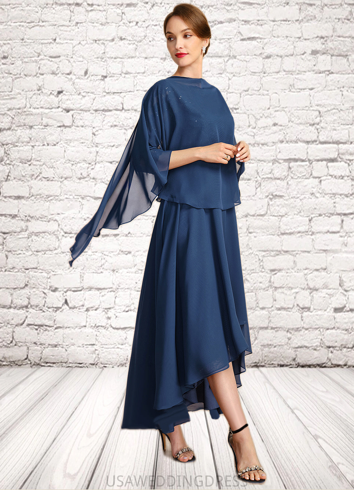 Amelia A-line Scoop Illusion Asymmetrical Chiffon Lace Mother of the Bride Dress With Sequins DS126P0021887