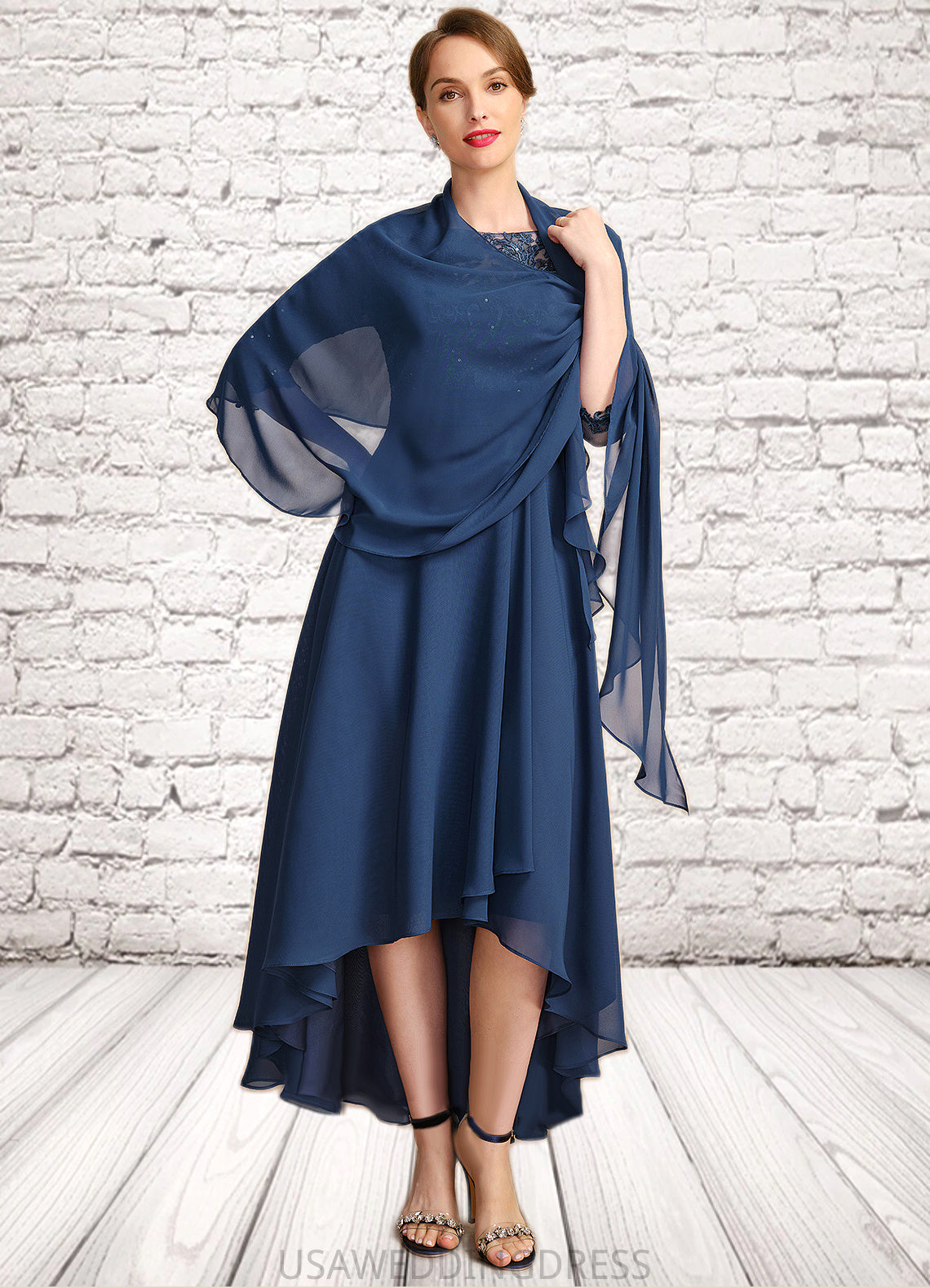 Amelia A-line Scoop Illusion Asymmetrical Chiffon Lace Mother of the Bride Dress With Sequins DS126P0021887