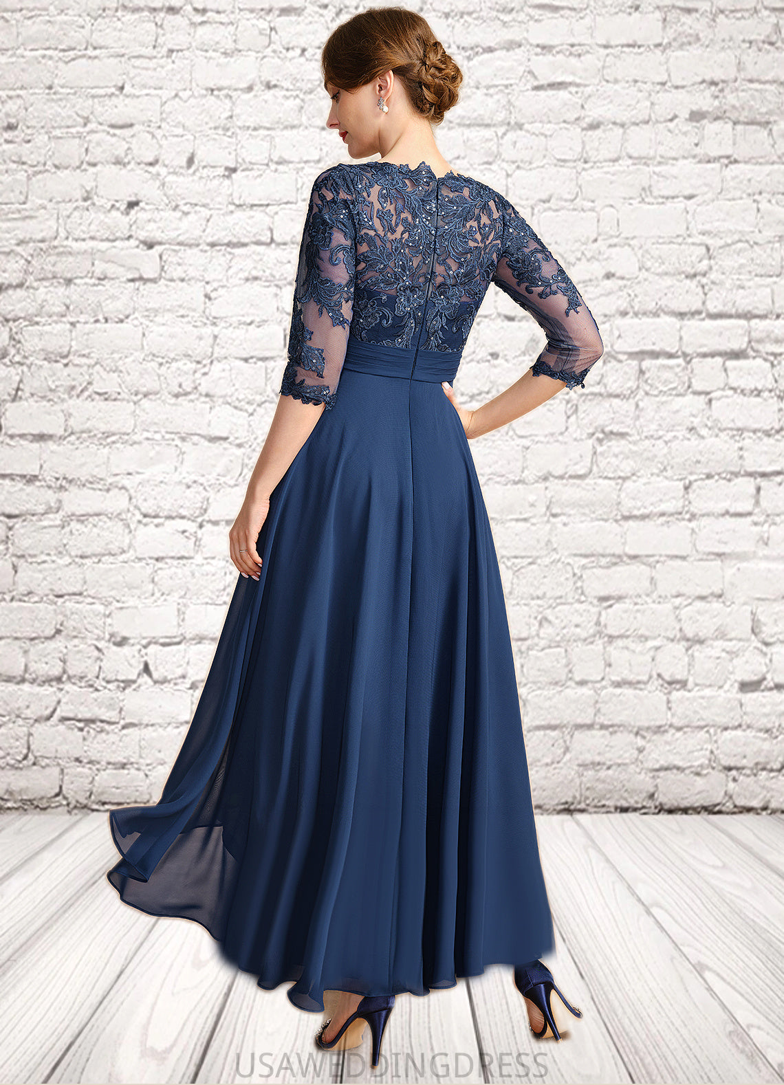 Amelia A-line Scoop Illusion Asymmetrical Chiffon Lace Mother of the Bride Dress With Sequins DS126P0021887