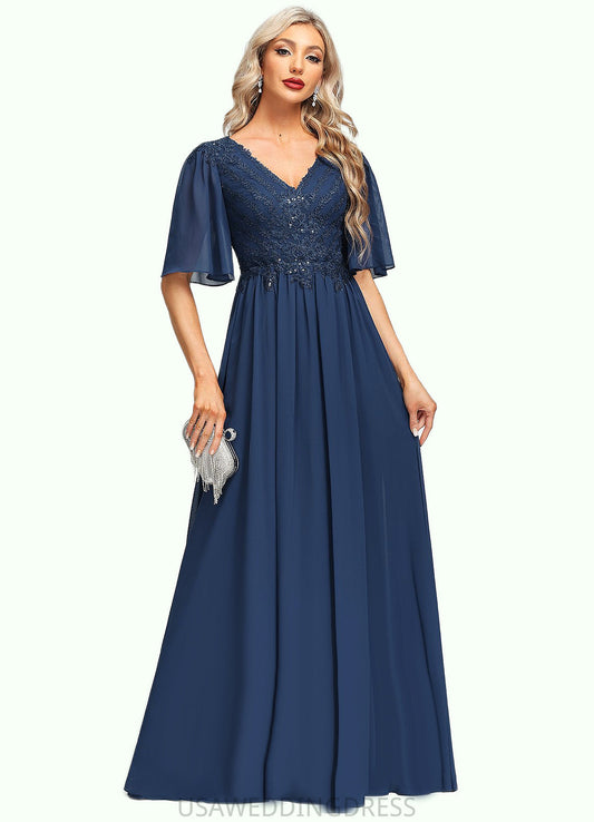 Pat A-line V-Neck Floor-Length Chiffon Lace Mother of the Bride Dress With Sequins DS126P0021888