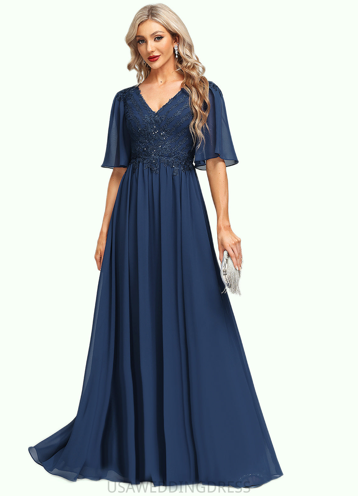 Pat A-line V-Neck Floor-Length Chiffon Lace Mother of the Bride Dress With Sequins DS126P0021888